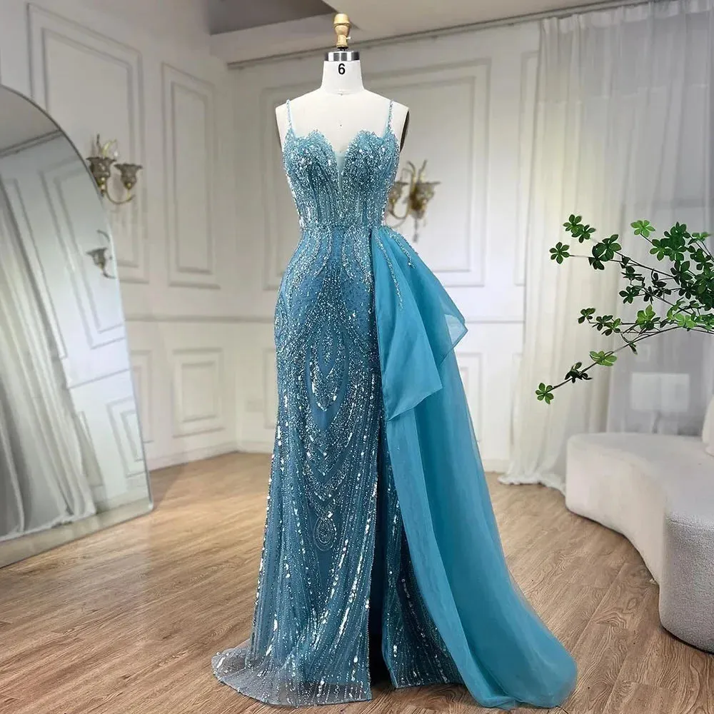 Beaded Mermaid Spaghetti Straps Gown with Overskirt