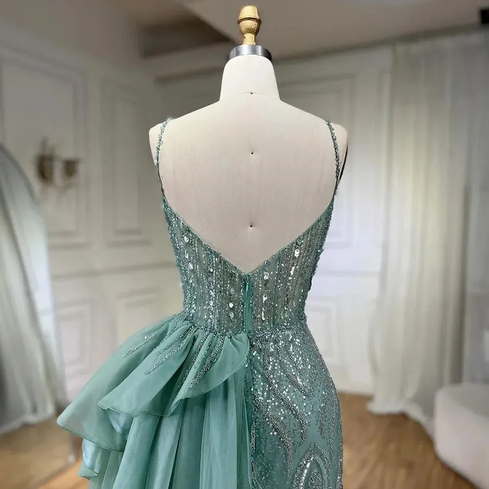 Beaded Mermaid Spaghetti Straps Gown with Overskirt