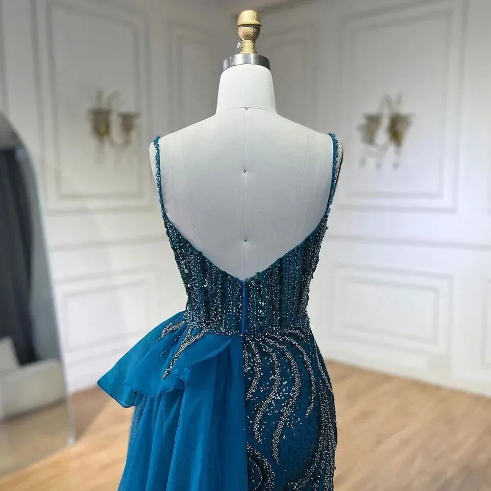 Beaded Mermaid Spaghetti Straps Gown with Overskirt