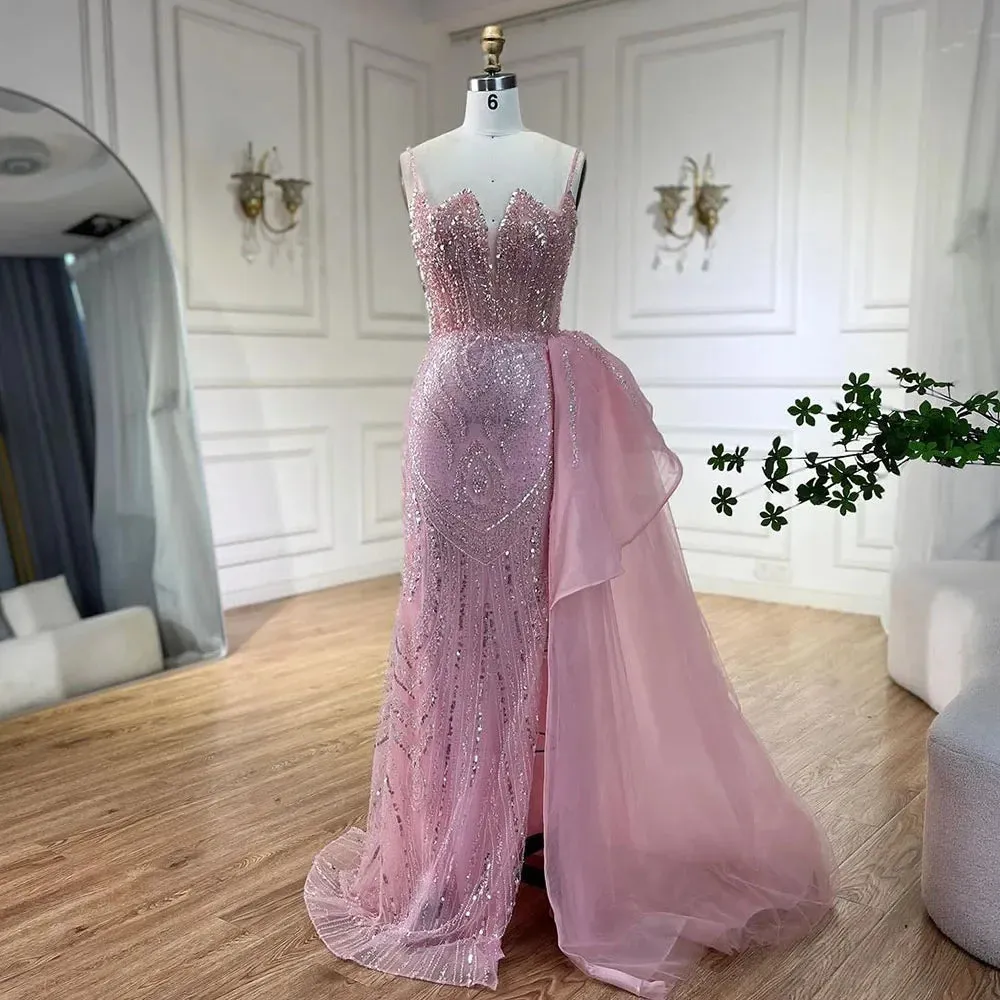 Beaded Mermaid Spaghetti Straps Gown with Overskirt