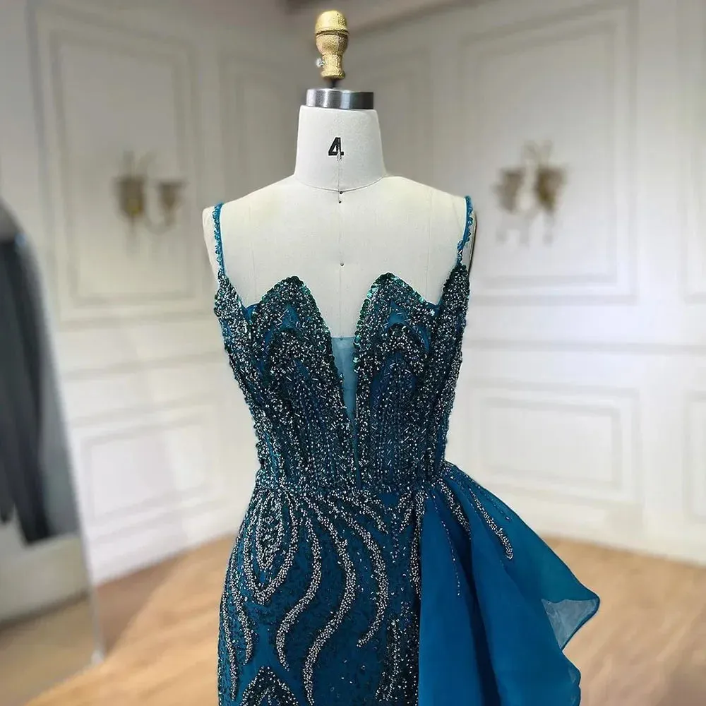 Beaded Mermaid Spaghetti Straps Gown with Overskirt