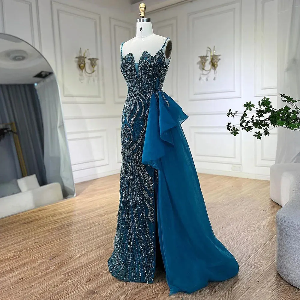 Beaded Mermaid Spaghetti Straps Gown with Overskirt