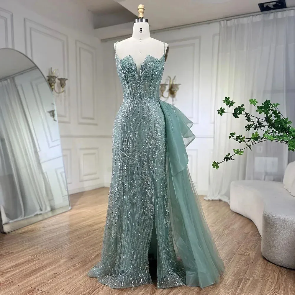 Beaded Mermaid Spaghetti Straps Gown with Overskirt