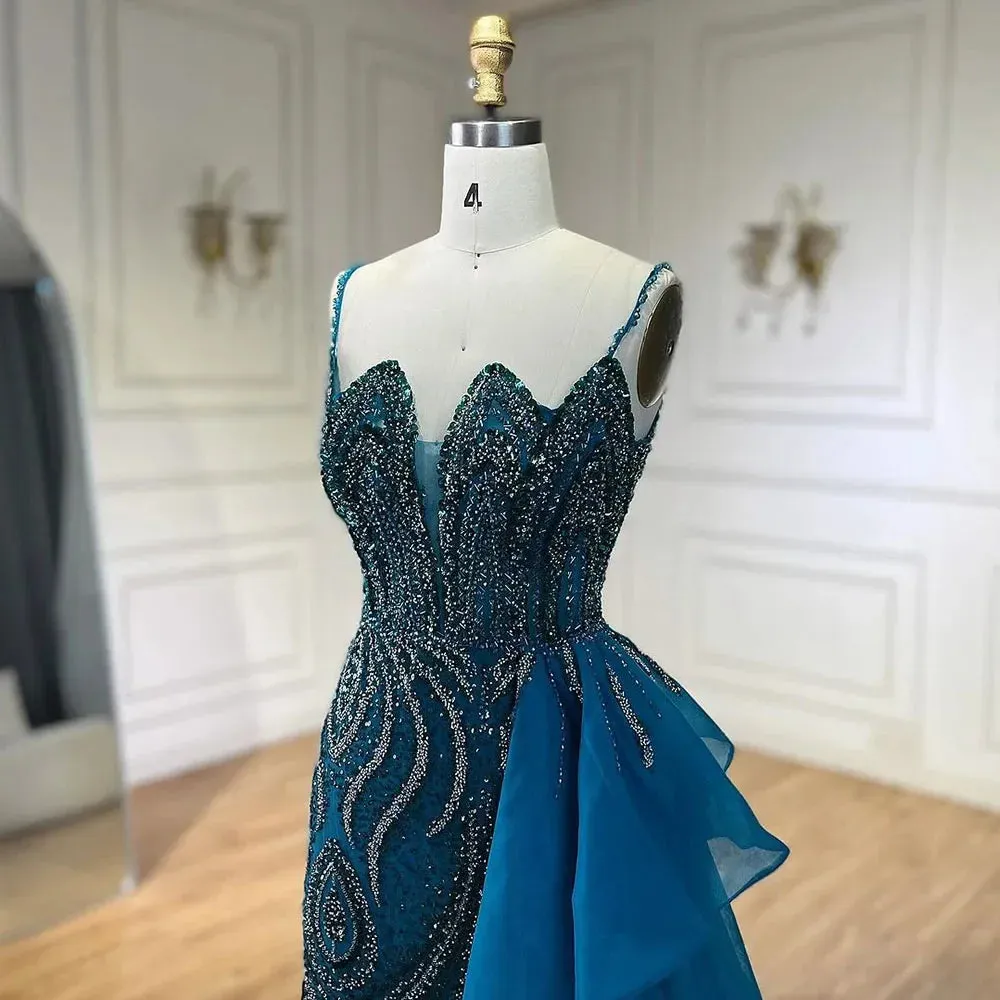 Beaded Mermaid Spaghetti Straps Gown with Overskirt