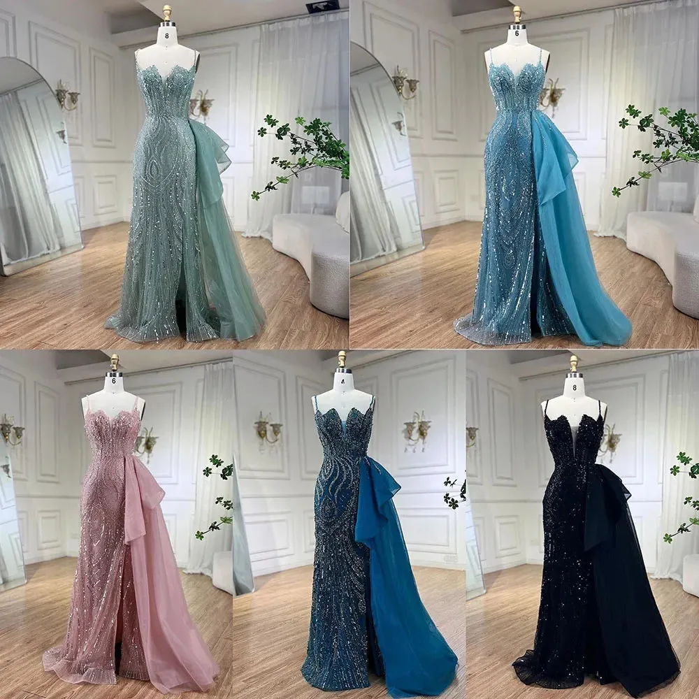 Beaded Mermaid Spaghetti Straps Gown with Overskirt