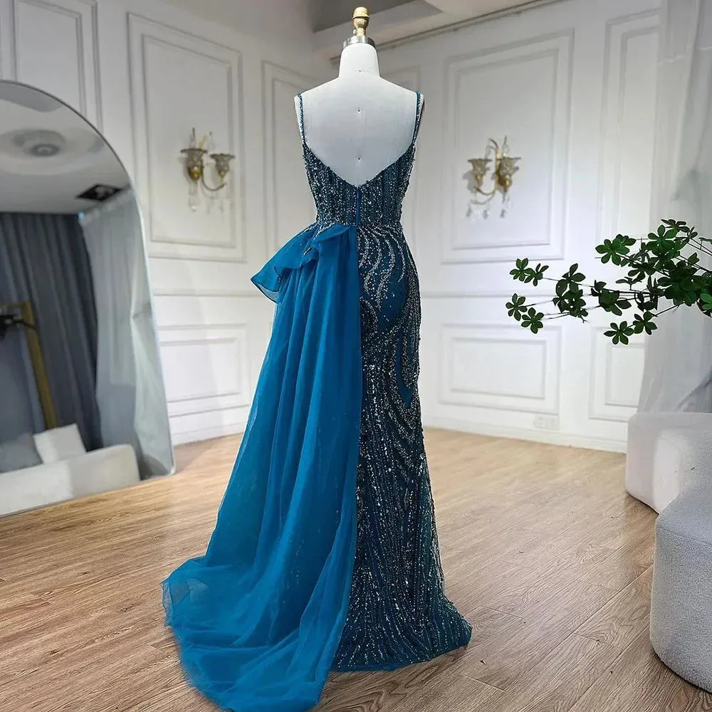 Beaded Mermaid Spaghetti Straps Gown with Overskirt