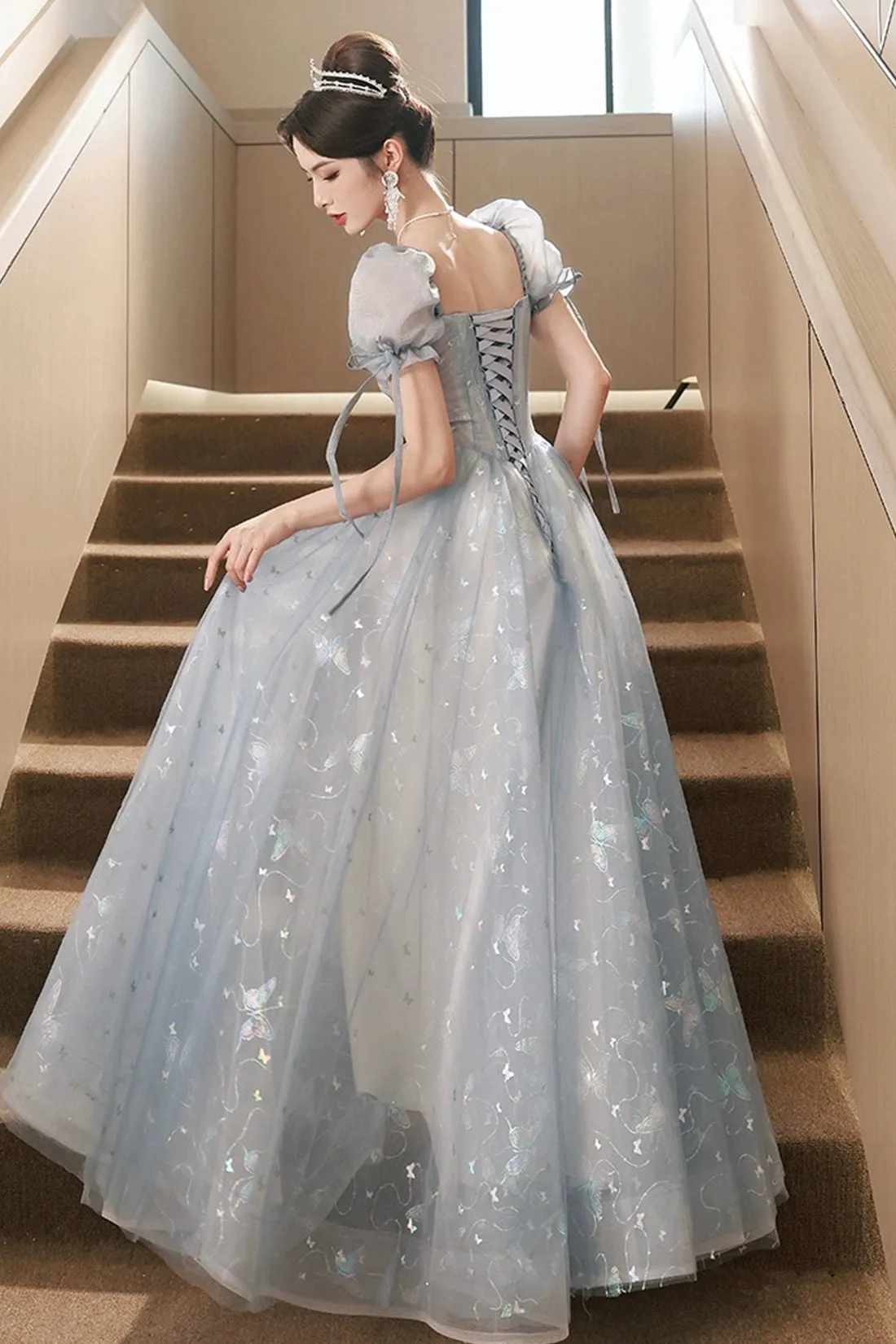 Beautiful Tulle Short Sleeves Formal Dress with Lace, Lovely Blue Long  Prom Dress