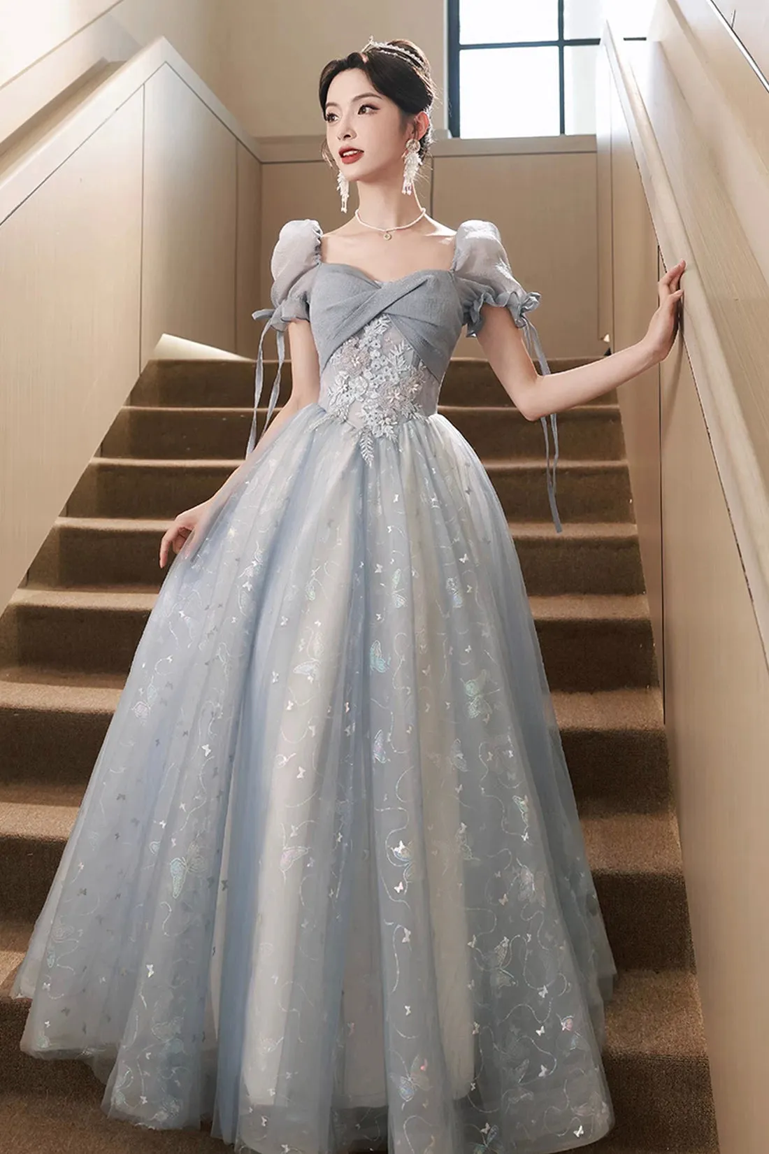 Beautiful Tulle Short Sleeves Formal Dress with Lace, Lovely Blue Long  Prom Dress