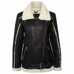 Black Oversized Shearling Leather Jacket for Women - Cozy & Stylish
