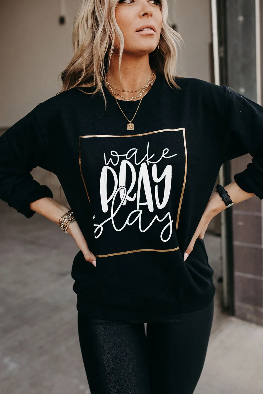 Black Wake Pray Slay Glitter Print Pullover Sweatshirt