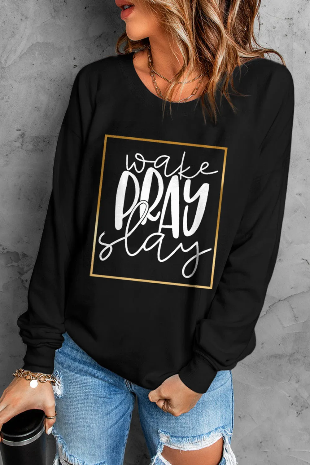 Black Wake Pray Slay Glitter Print Pullover Sweatshirt