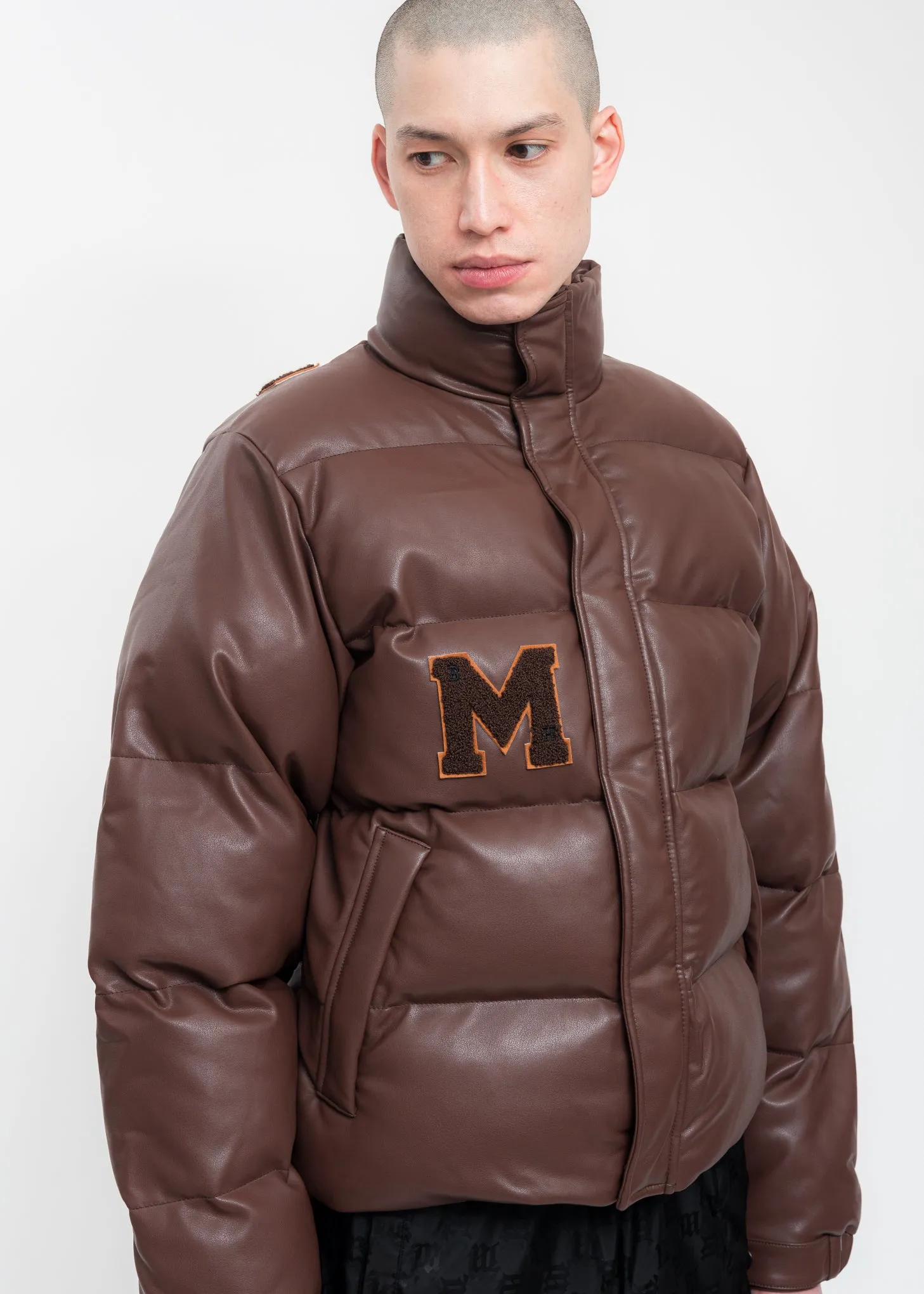 Brown Vegan Leather Campus Puffer Jacket