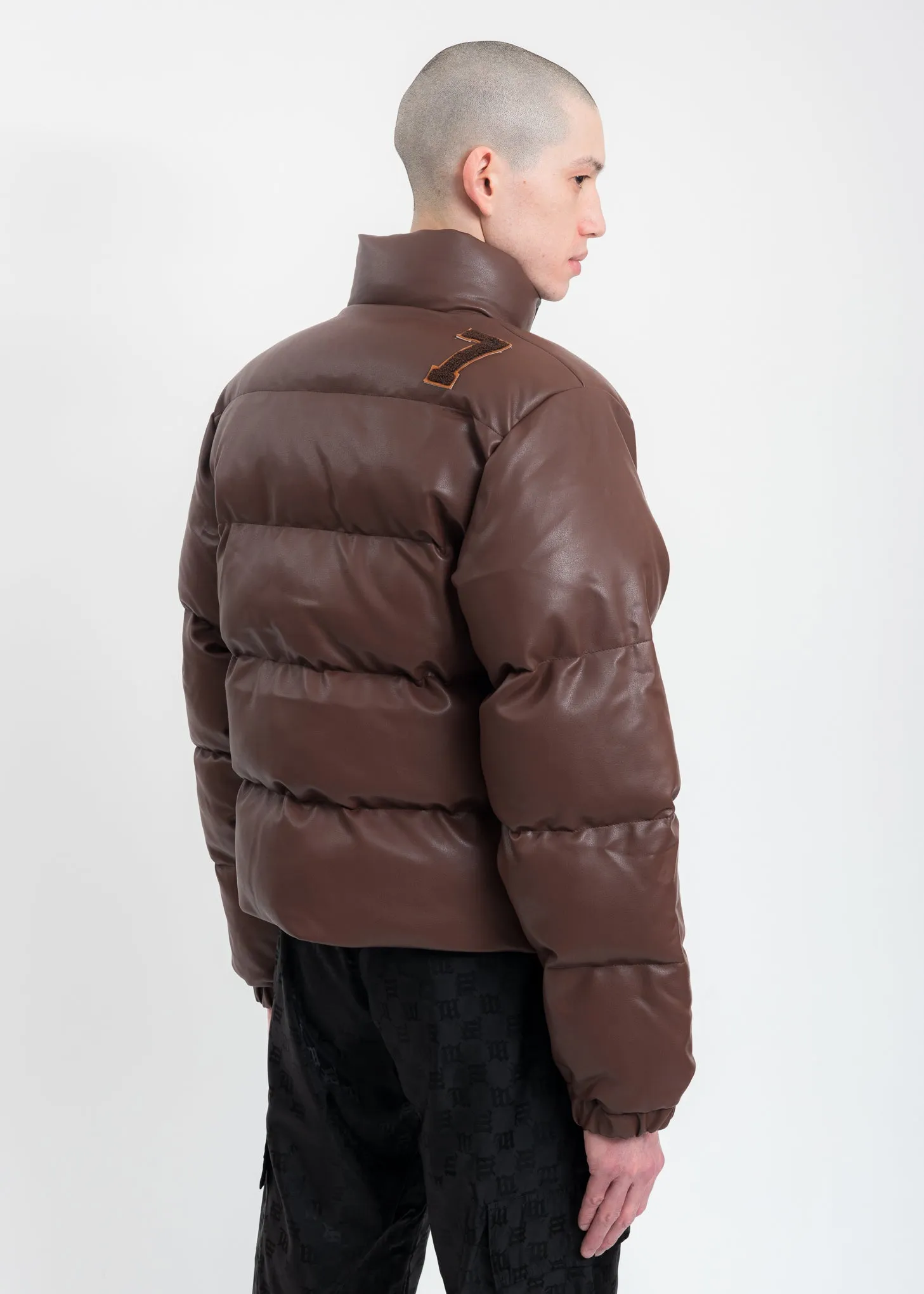 Brown Vegan Leather Campus Puffer Jacket