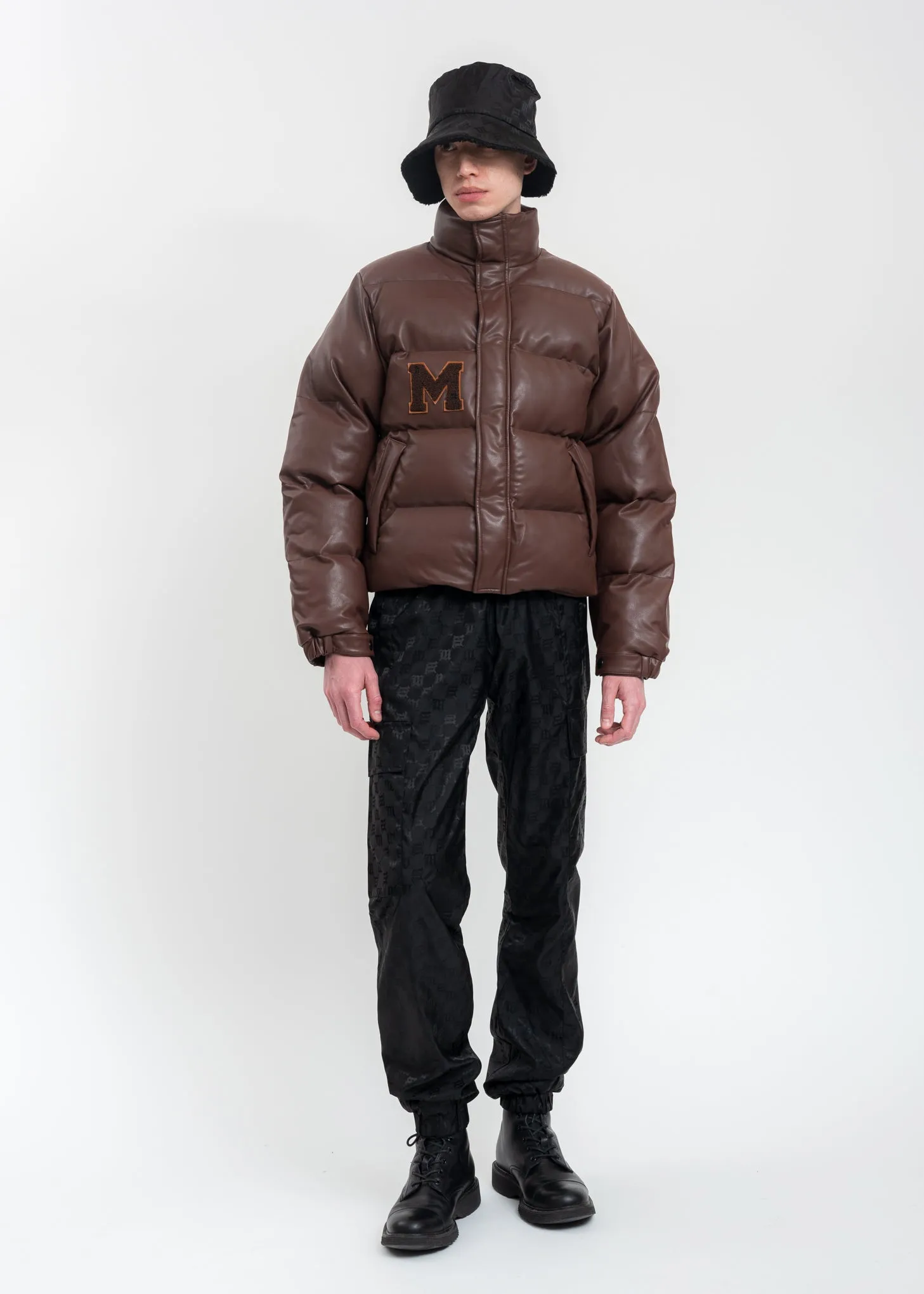 Brown Vegan Leather Campus Puffer Jacket