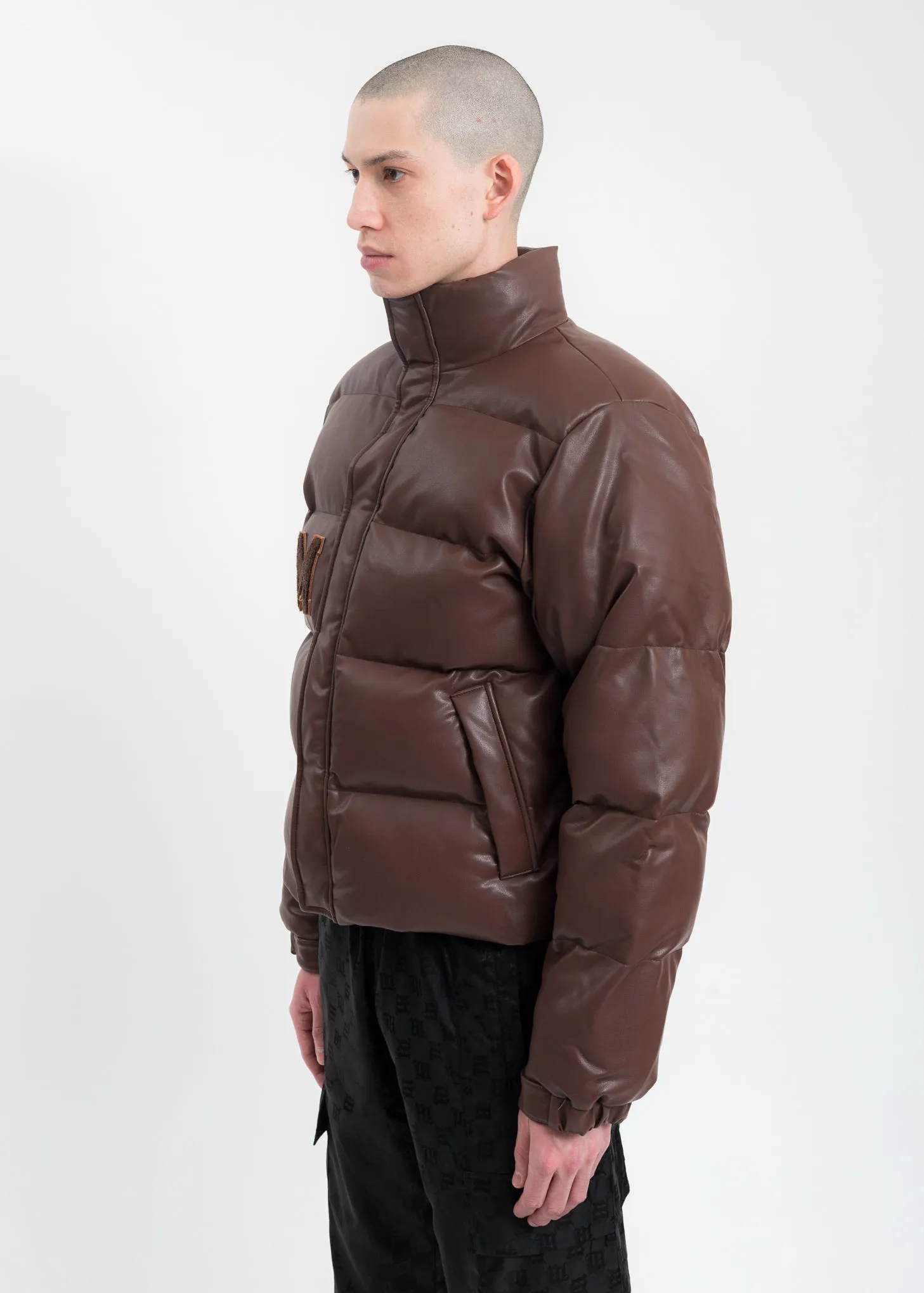 Brown Vegan Leather Campus Puffer Jacket