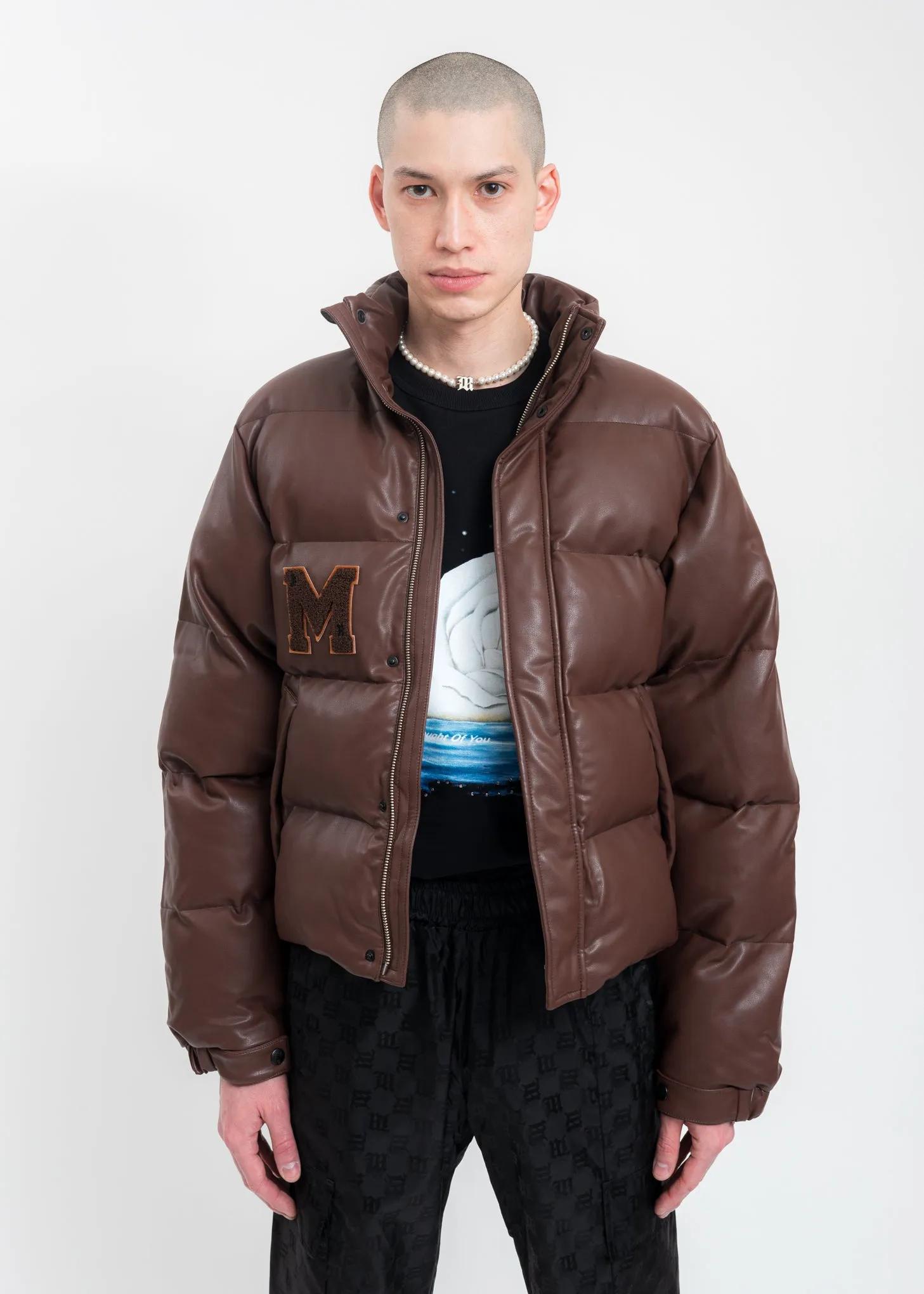 Brown Vegan Leather Campus Puffer Jacket