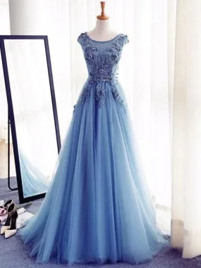 Cap Sleeved Top Blue A-line Tulle Maxi See Through Sheer Prom Dress