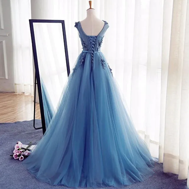 Cap Sleeved Top Blue A-line Tulle Maxi See Through Sheer Prom Dress