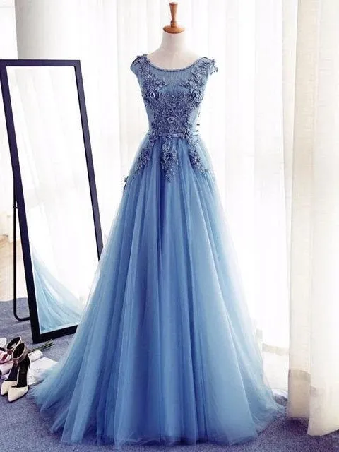 Cap Sleeved Top Blue A-line Tulle Maxi See Through Sheer Prom Dress