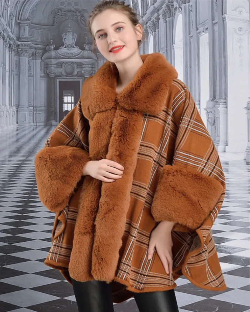 Cape Plaid Poncho Faux Fur Coat