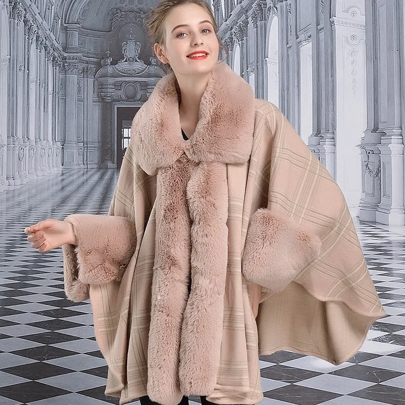 Cape Plaid Poncho Faux Fur Coat