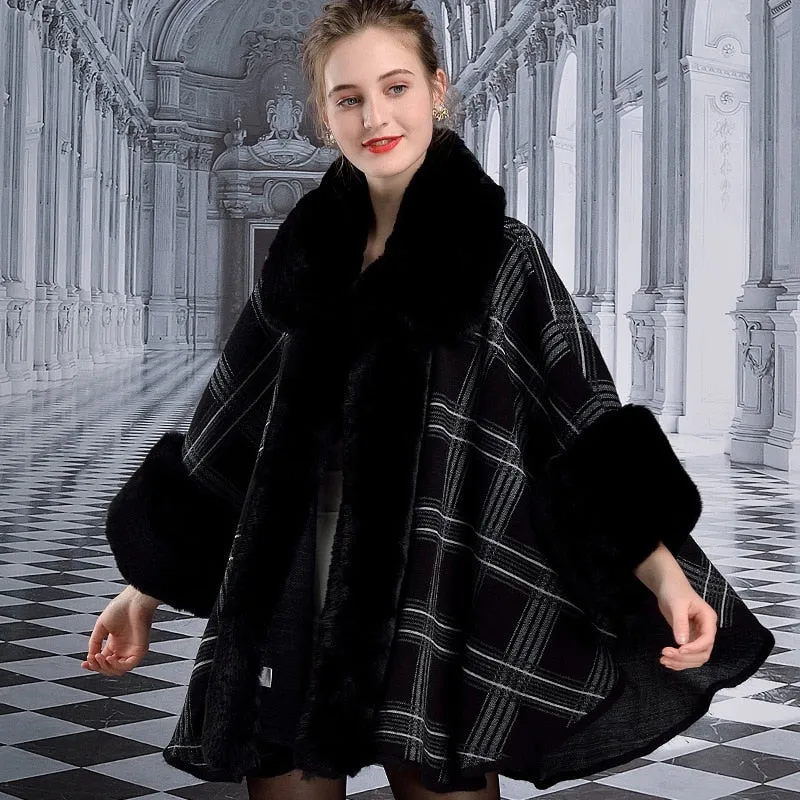 Cape Plaid Poncho Faux Fur Coat