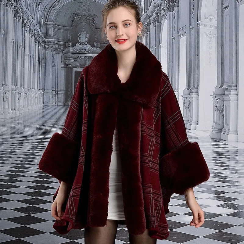 Cape Plaid Poncho Faux Fur Coat