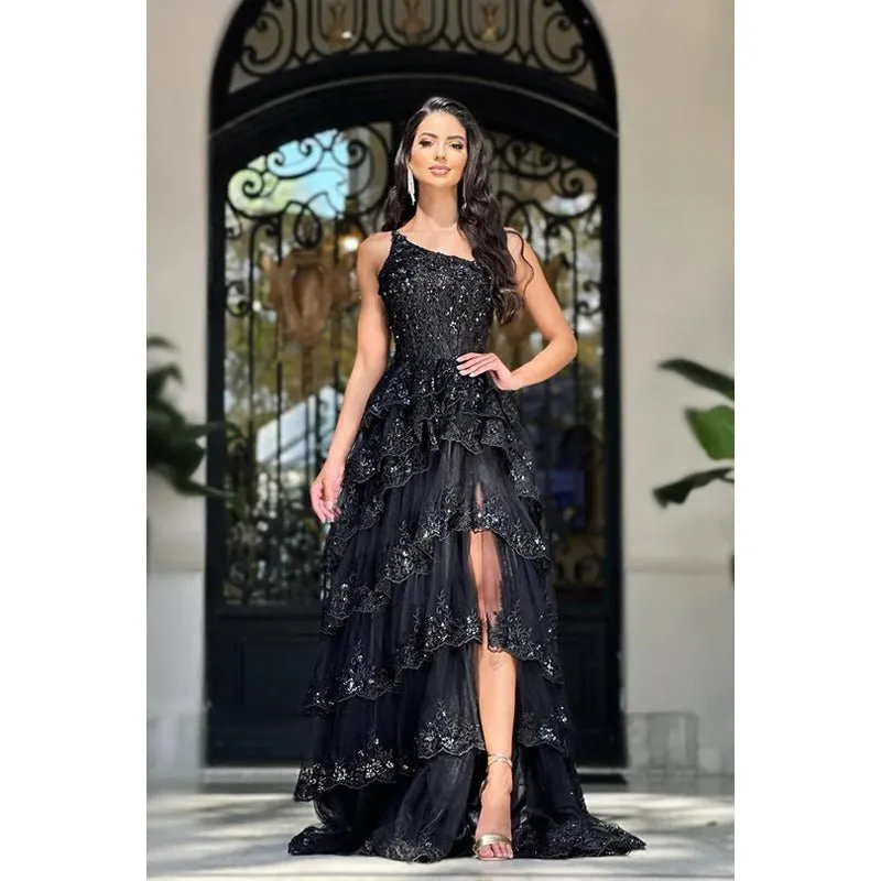 Chic Modern A-Line One Shoulder Floral Emboidered and Beaded Ballgown Party Prom Dress wit