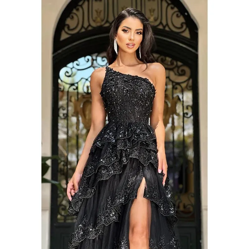 Chic Modern A-Line One Shoulder Floral Emboidered and Beaded Ballgown Party Prom Dress wit