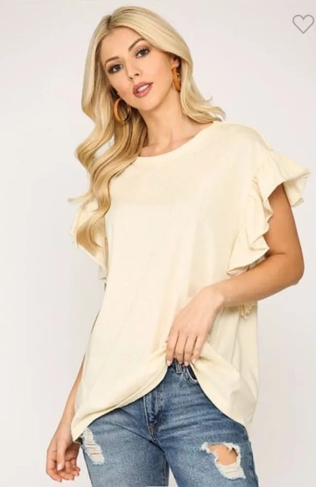 Cream Knit Flutter Sleeve Top