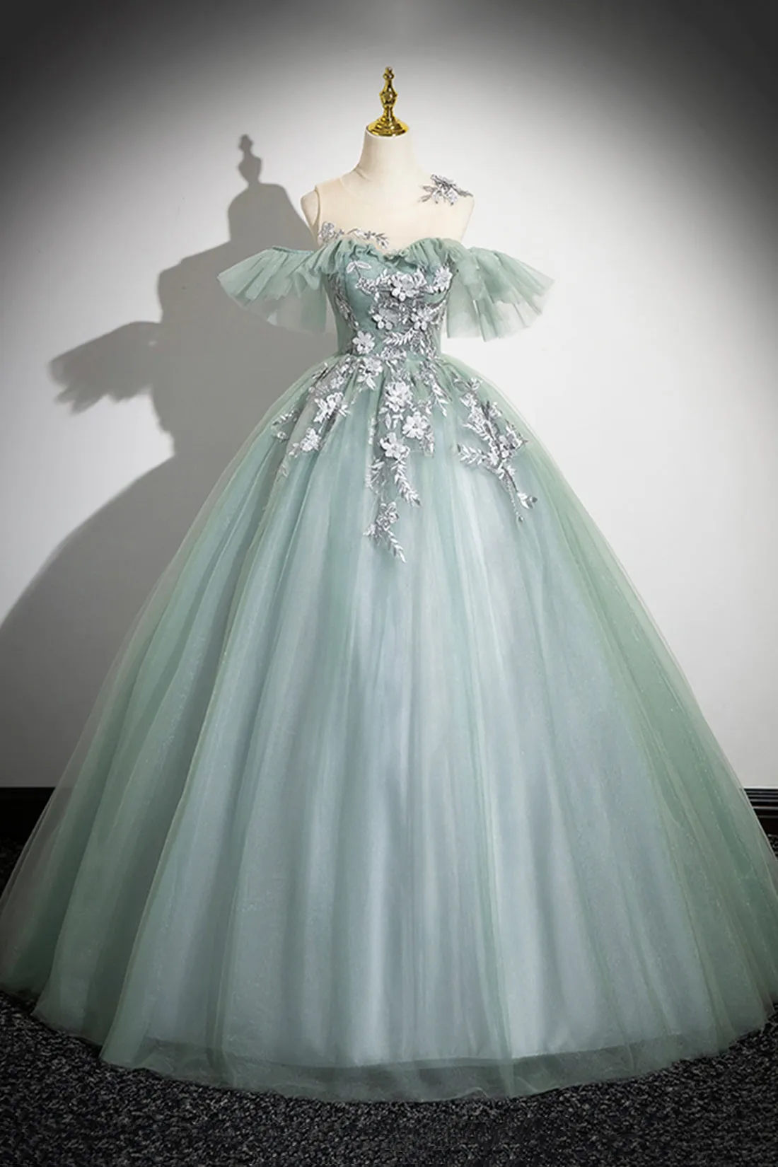 Cute Scoop Neckline Tulle Long Prom Dress with Lace, A-Line Off the Shoulder Evening Party Dress