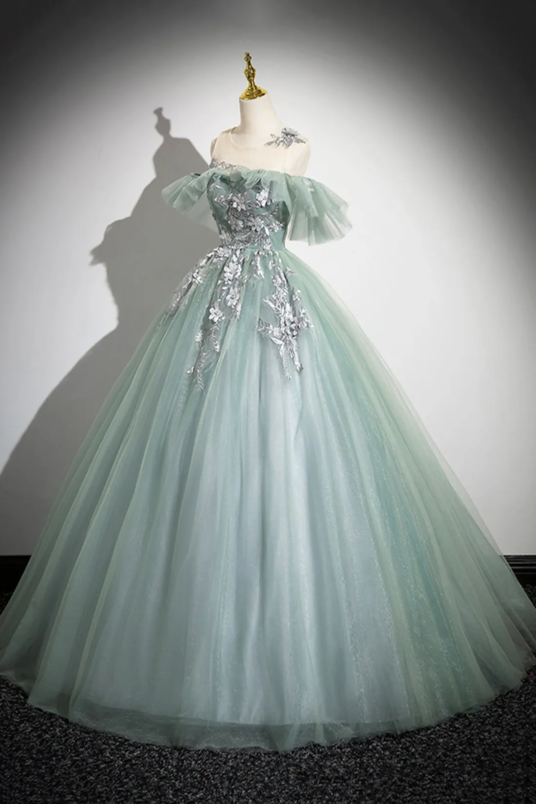 Cute Scoop Neckline Tulle Long Prom Dress with Lace, A-Line Off the Shoulder Evening Party Dress
