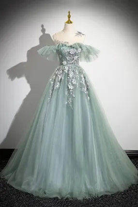 Cute Scoop Neckline Tulle Long Prom Dress with Lace, A-Line Off the Shoulder Evening Party Dress