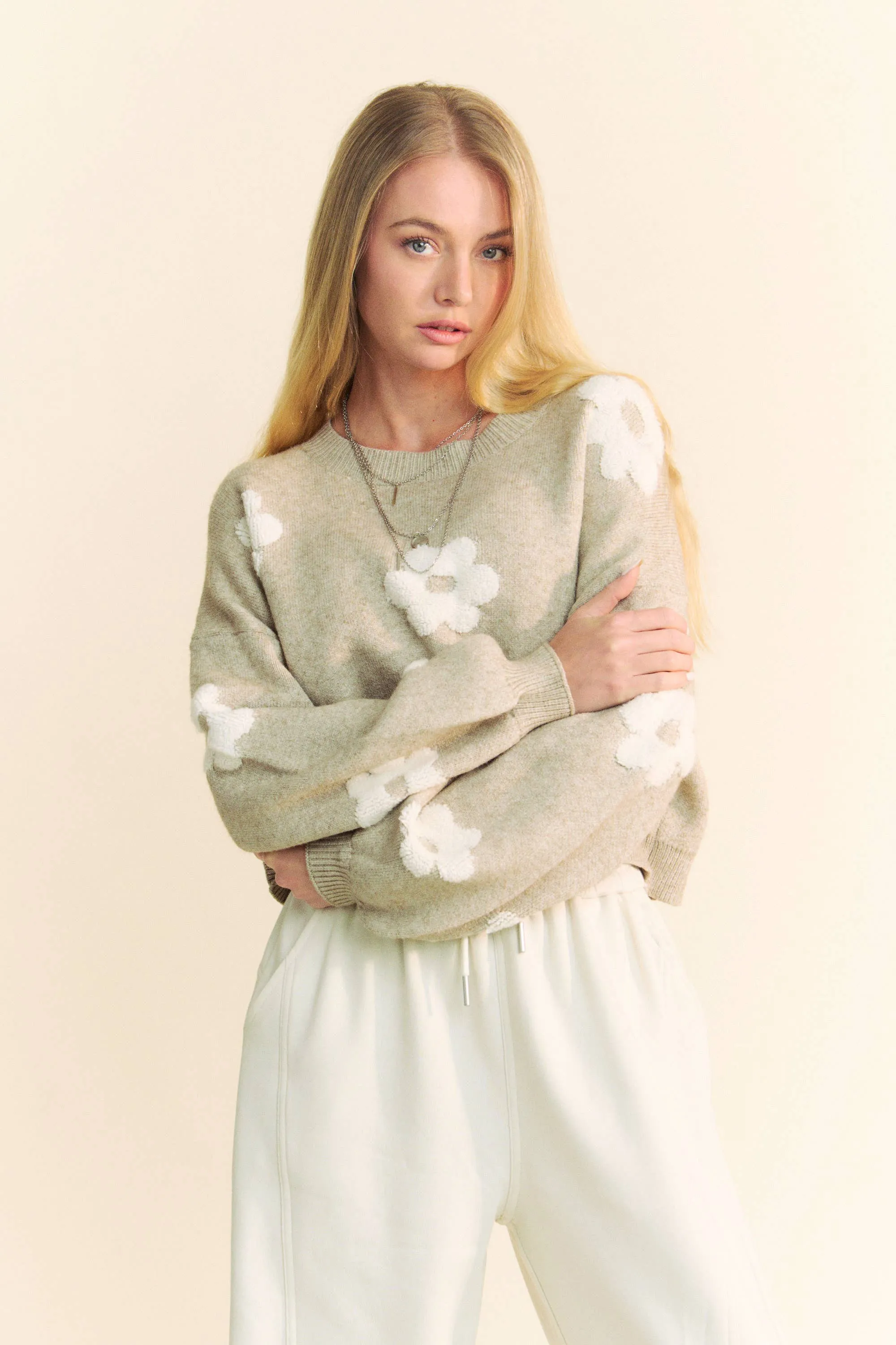 Davi & Dani Floral Printed Long Sleeve Loose Fit Knit Sweater: Taupe