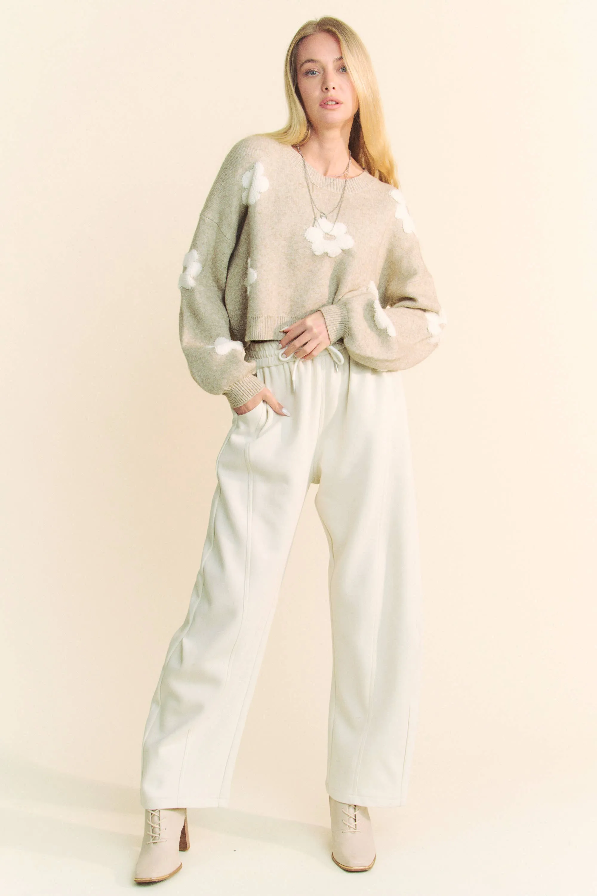 Davi & Dani Floral Printed Long Sleeve Loose Fit Knit Sweater: Taupe