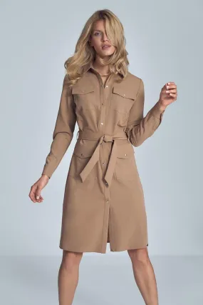 Elegant Black Midi Shirt Dress with Belt and Practical Pockets for Women