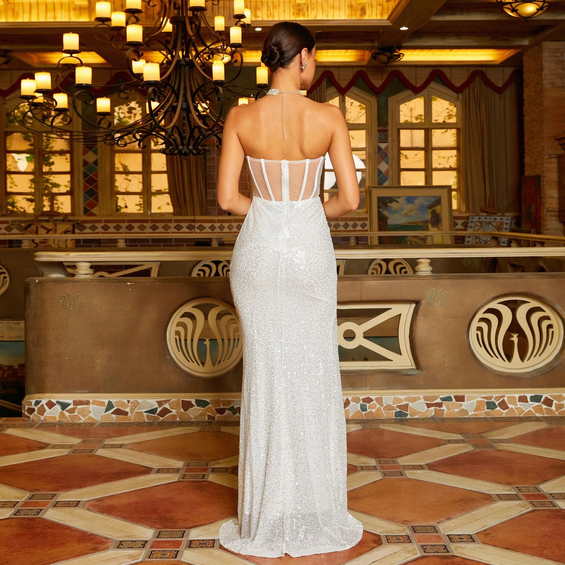 Elegant Tube Top Sequined Evening Dress