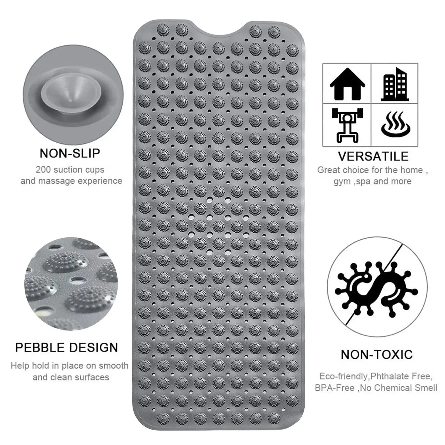 Experia Anti Slip Bath Mat with Suction Cup - 100 x 40 cm (Grey Color With Accu Pebble)
