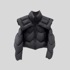 Fashion-Forward Puffer Jacket with Statement Shoulder Pads - Black