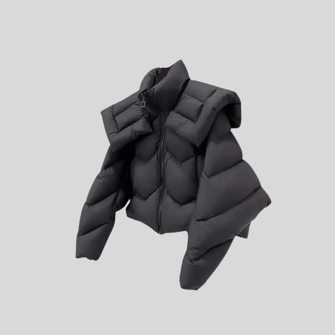 Fashion-Forward Puffer Jacket with Statement Shoulder Pads - Black