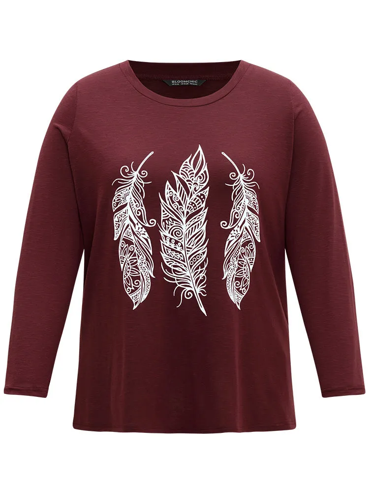 Feather Print Round Neck T-shirt