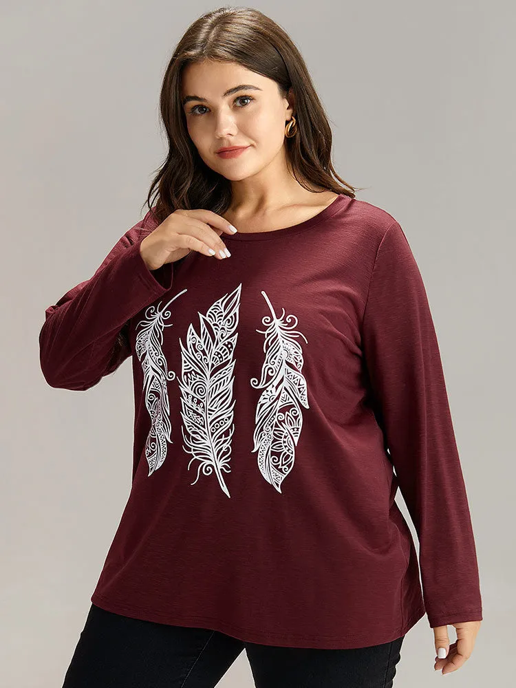 Feather Print Round Neck T-shirt