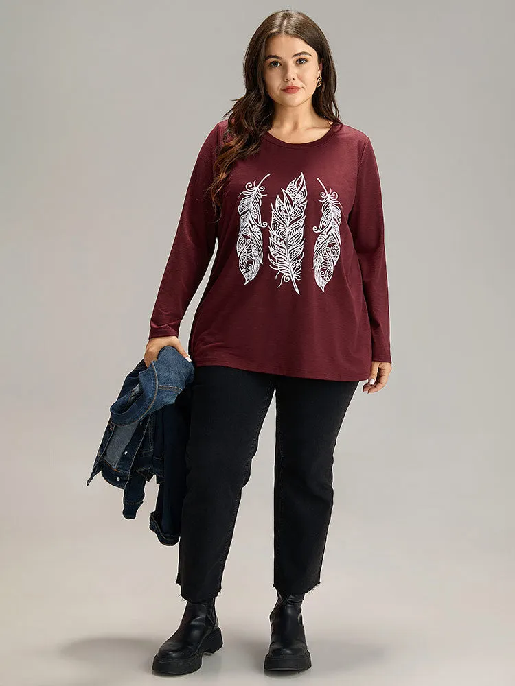 Feather Print Round Neck T-shirt