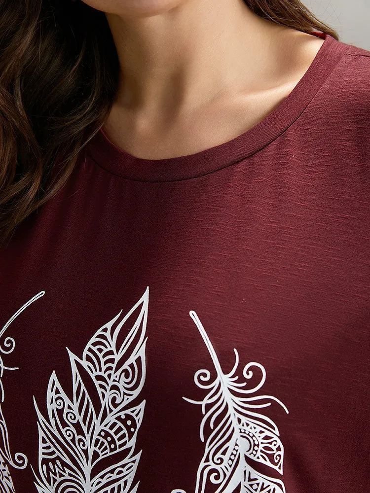 Feather Print Round Neck T-shirt