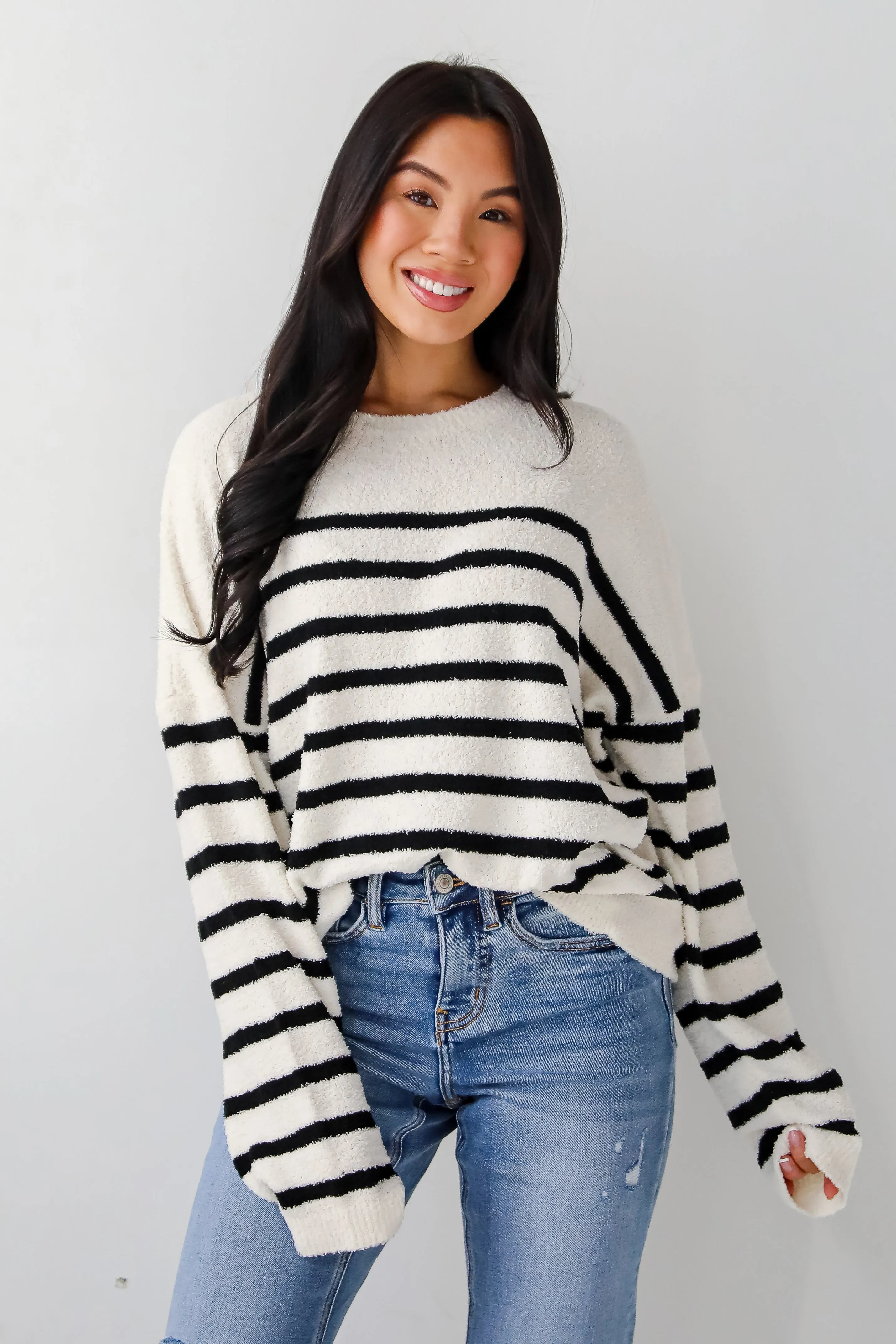 FINAL SALE - Delightful Weather Cream Striped Fuzzy Knit Sweater
