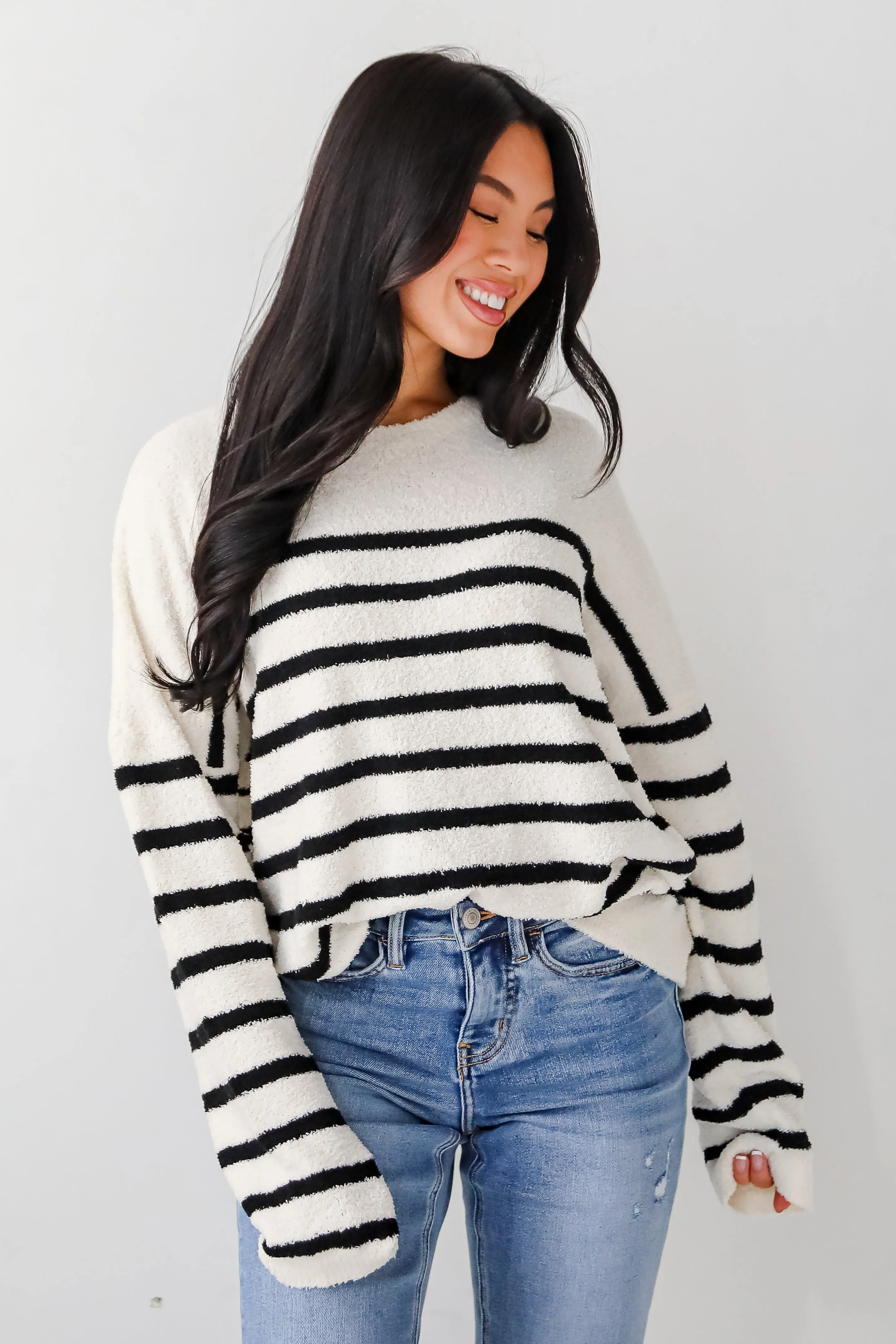 FINAL SALE - Delightful Weather Cream Striped Fuzzy Knit Sweater