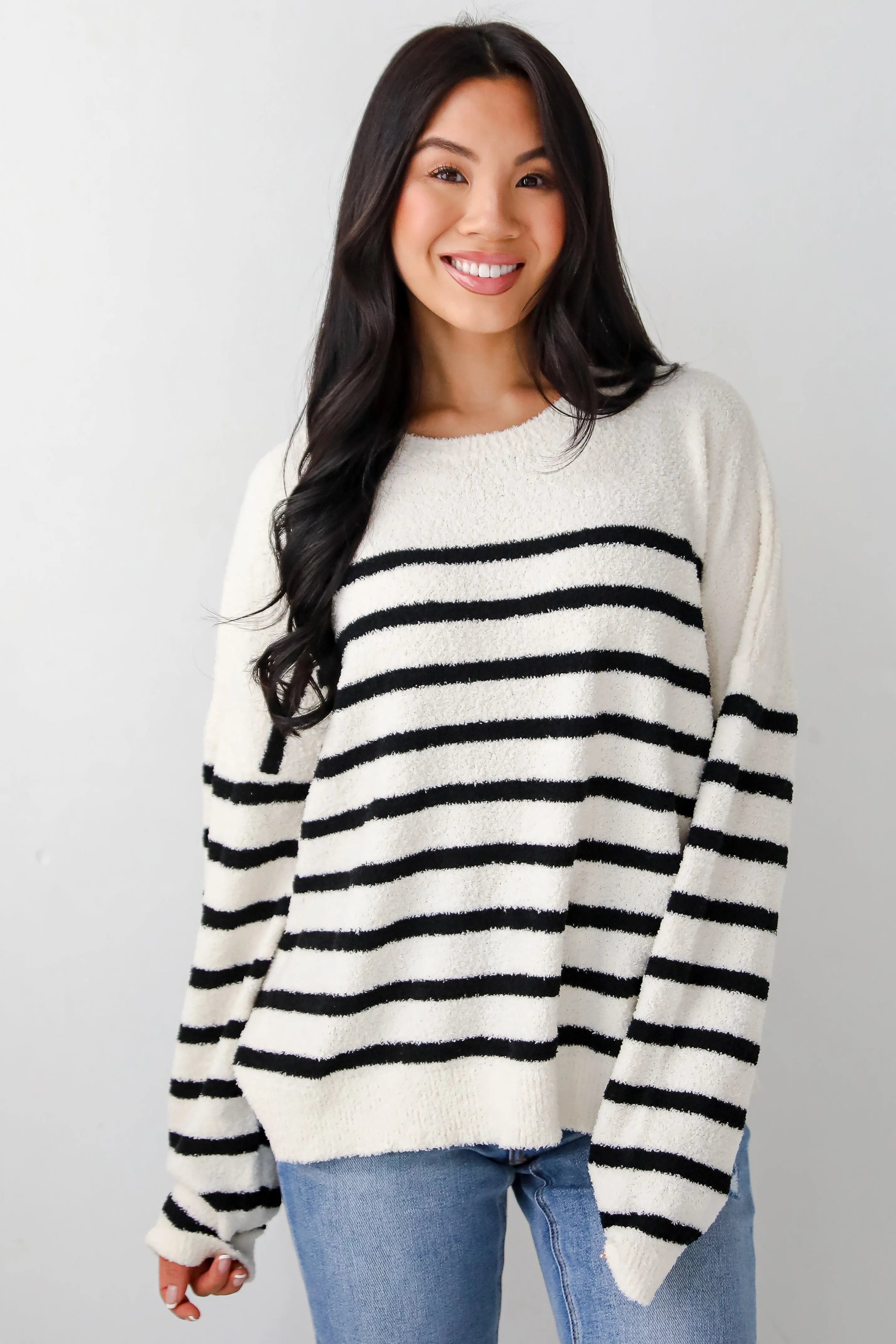 FINAL SALE - Delightful Weather Cream Striped Fuzzy Knit Sweater
