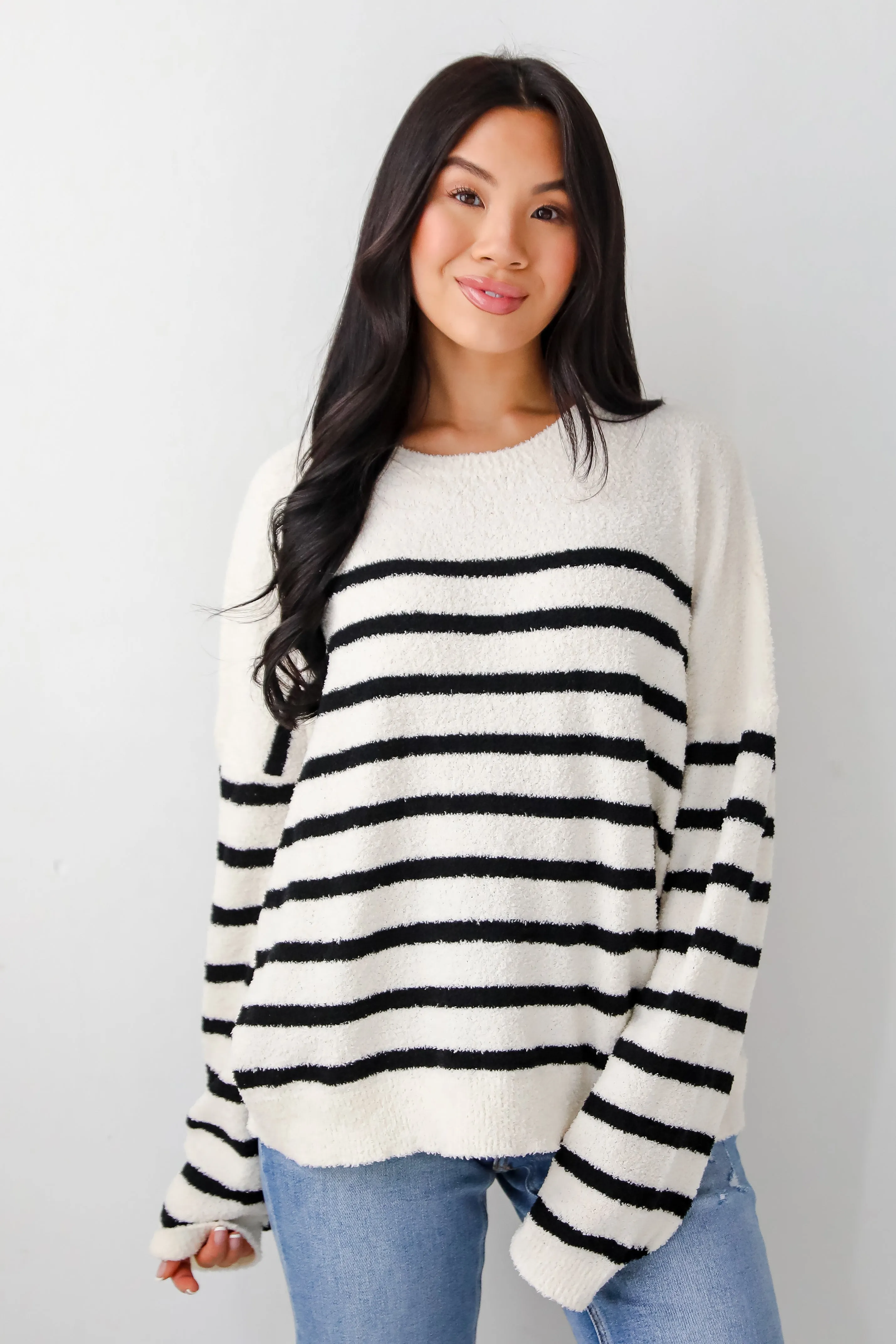 FINAL SALE - Delightful Weather Cream Striped Fuzzy Knit Sweater
