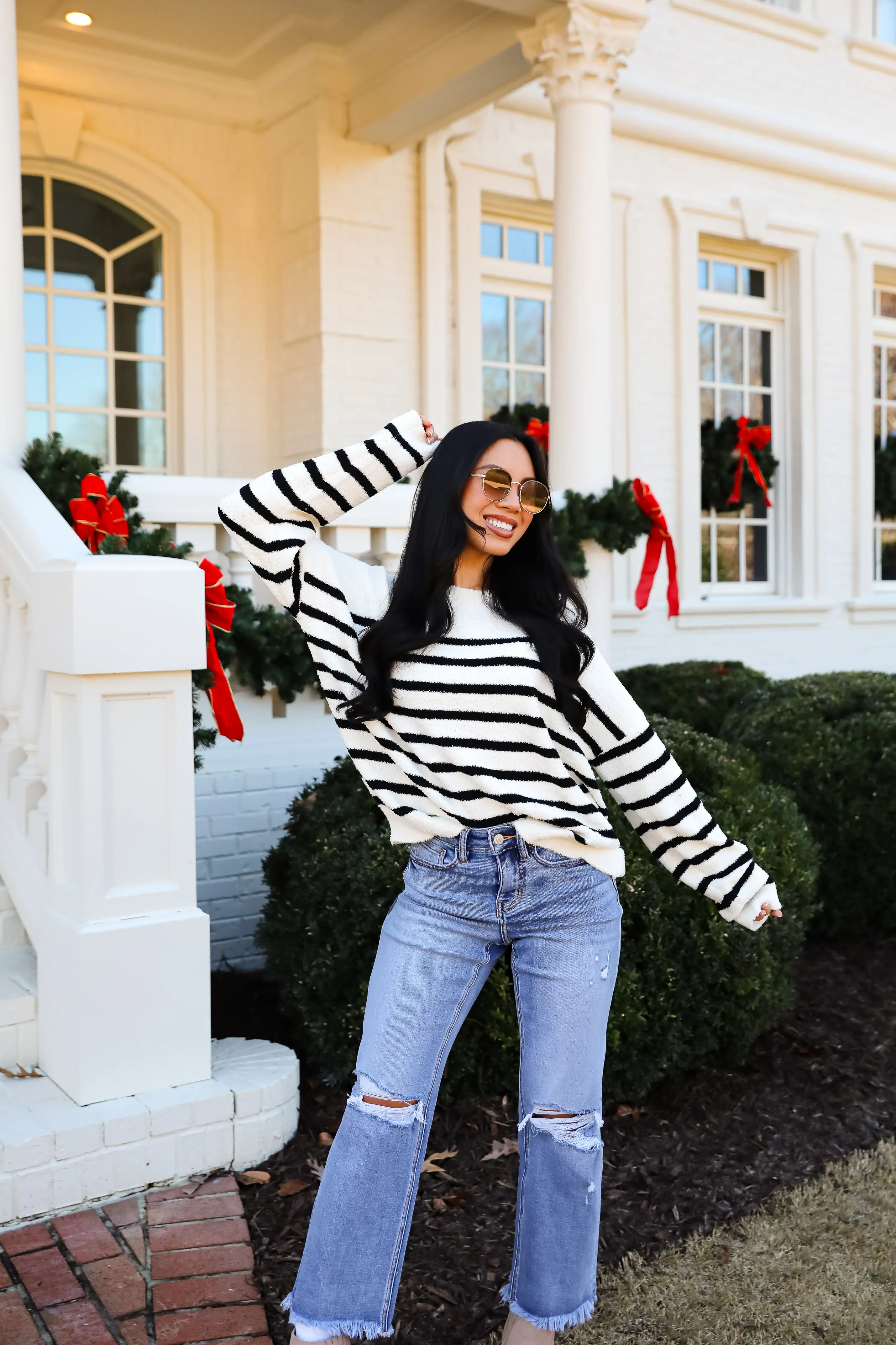 FINAL SALE - Delightful Weather Cream Striped Fuzzy Knit Sweater
