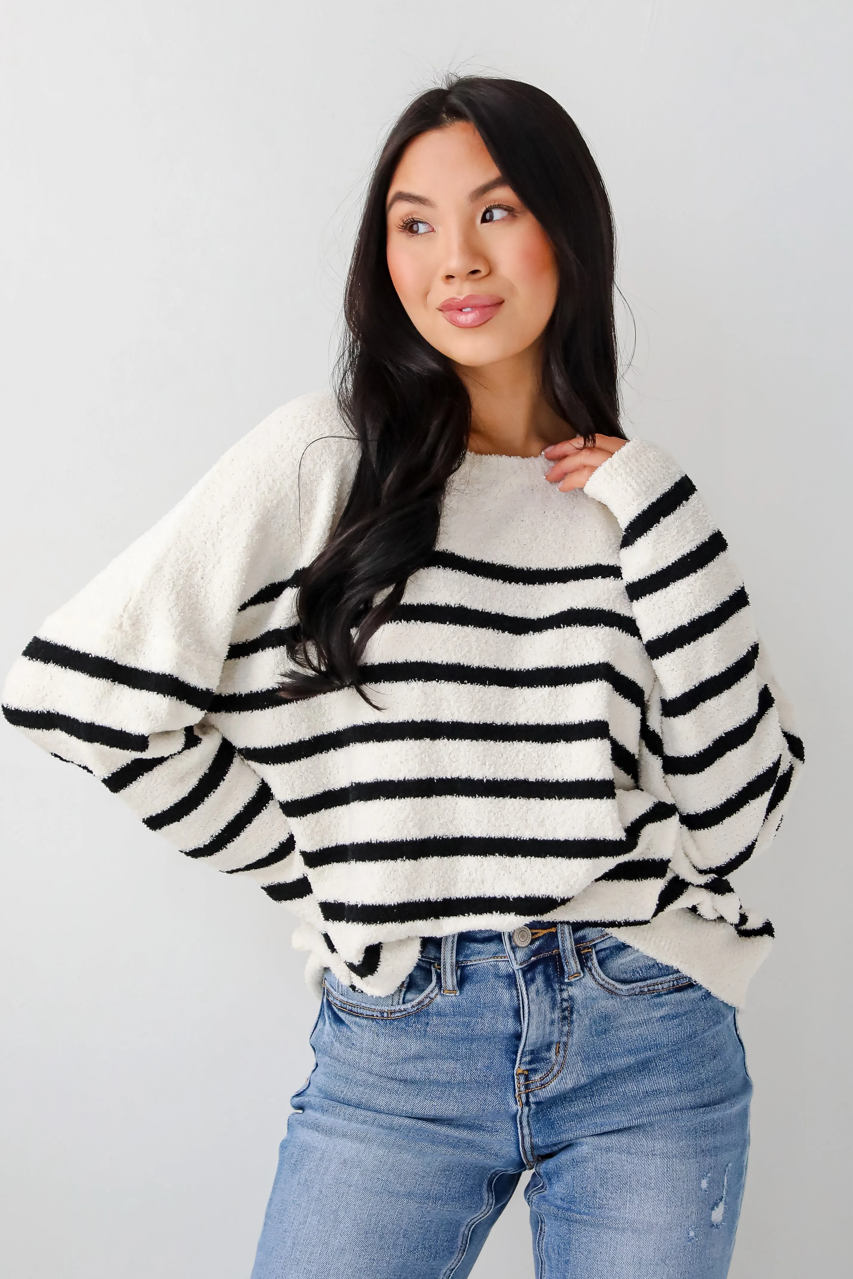FINAL SALE - Delightful Weather Cream Striped Fuzzy Knit Sweater